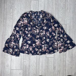 Lucky Brand BOHO Long Bell Sleeve Shirt Floral Sheer Viscose Blue Pink Women's S